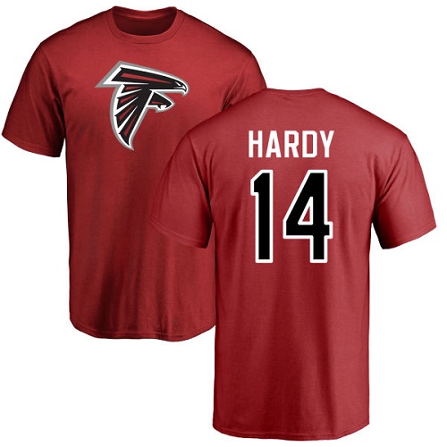 Atlanta Falcons Men Red Justin Hardy Name And Number Logo NFL Football #14 T Shirt